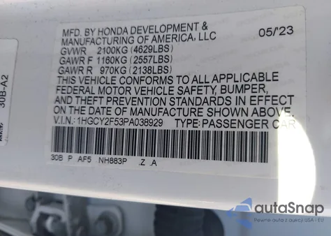 2023 Honda Accord Hybrid Sport from USA, damaged, VIN 1HGCY2F53PA038929
